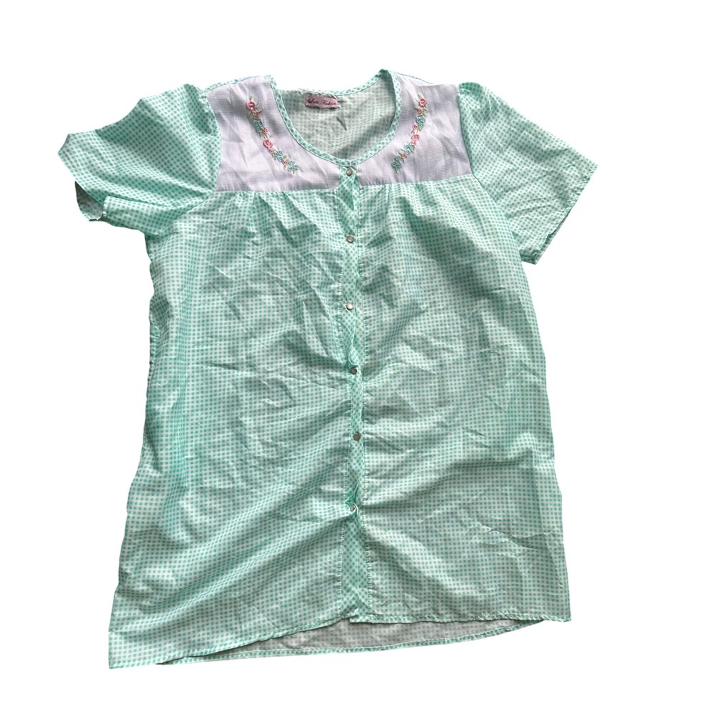 Lati Fashion Mint Green Gingham Floral Embroidered Snap Front House Dress Duster
